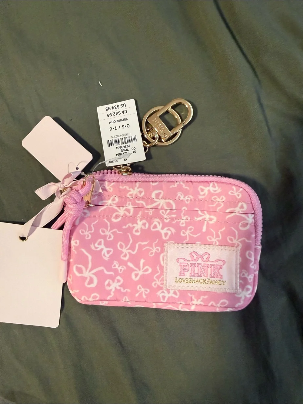 PINK Victoria's Secret Pink Bow-Print Zip Card Case with Gold Key Clip